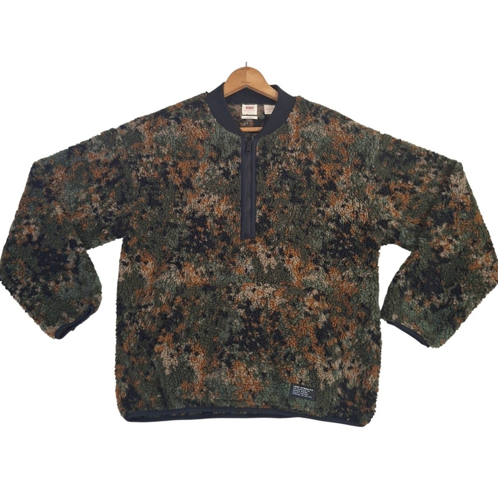 Levis Sherpa Fleece 1/4 Zip Pullover Mens Small Camo Green Brown S Oversized